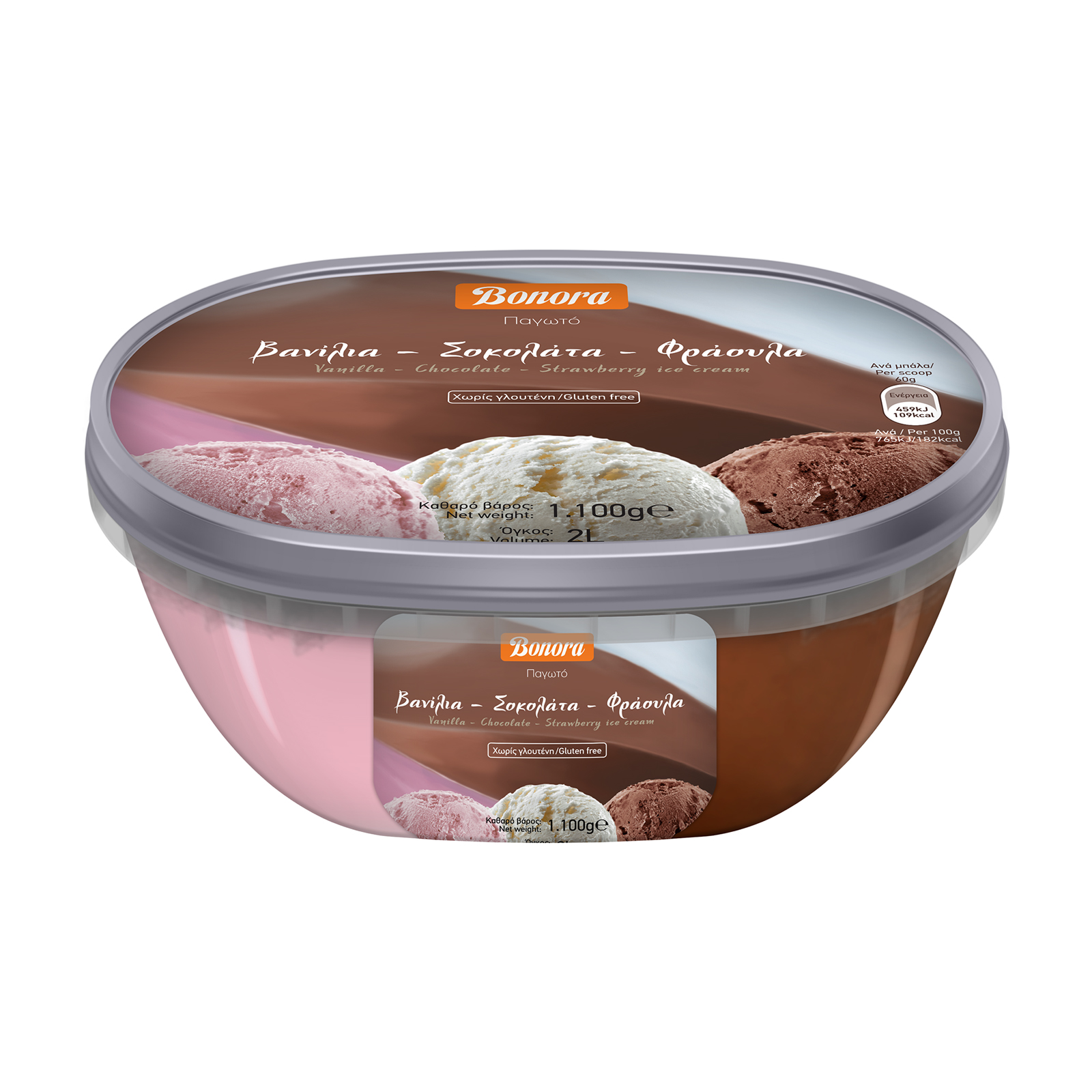 Bonora Παγωτό Βανίλια, Σοκολάτα & φράουλα 2L