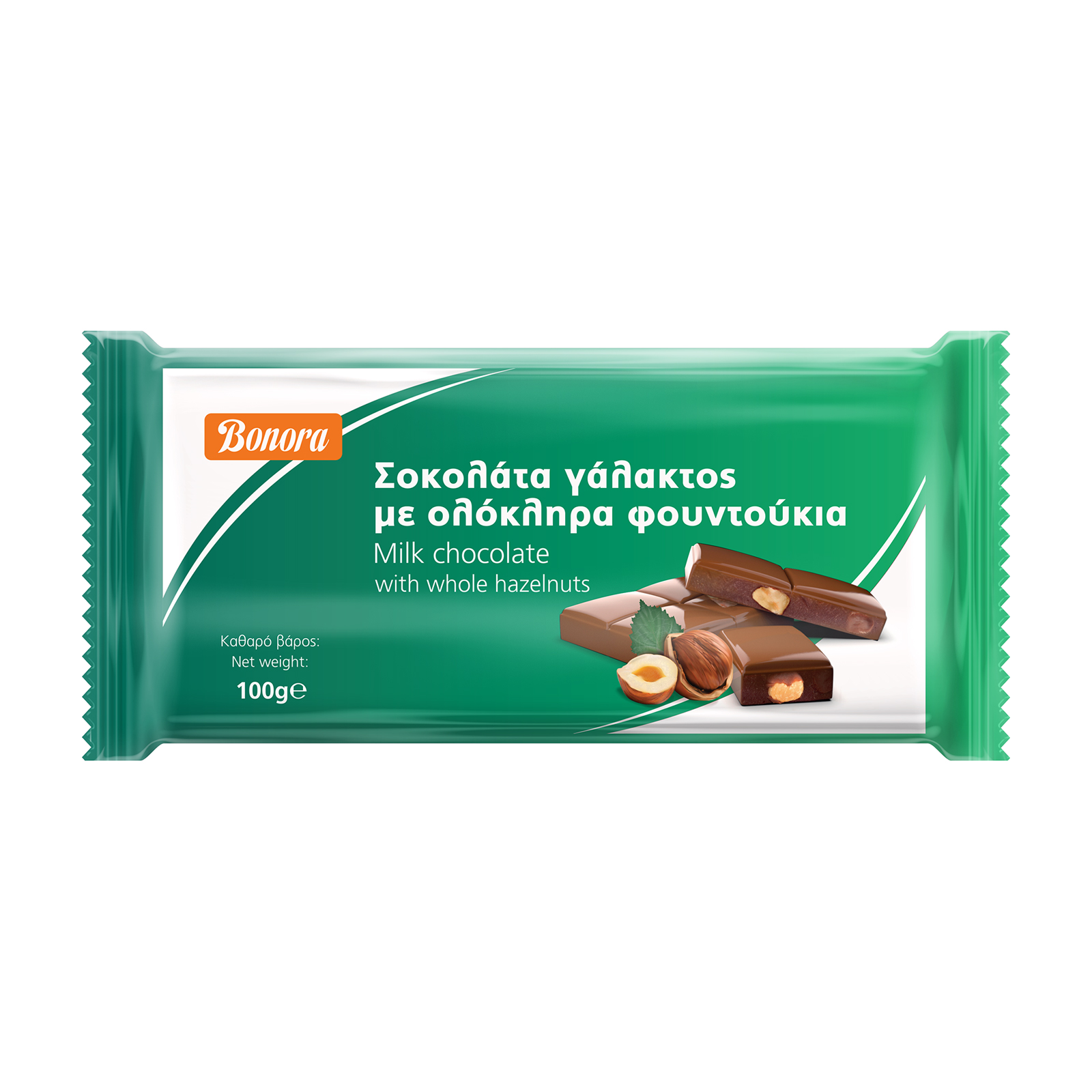 Bonora Σοκολάτα γάλακτος με ολόκληρα φουντούκια 100g