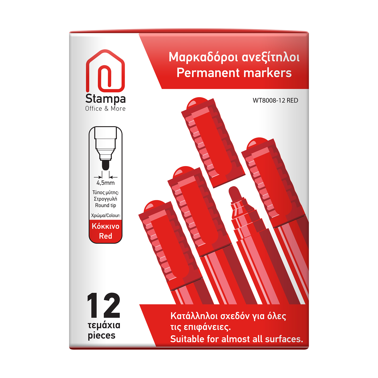 Stampa Μαρκαδόροι ανεξίτηλοι κόκκινοι WT8008 12τεμ